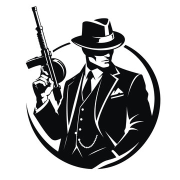Retro gangster in a suit and hat holding a vintage submachine gun with gangster criminal underworld silhouette illustration gentleman organized menacing dramatic portrait fashioned