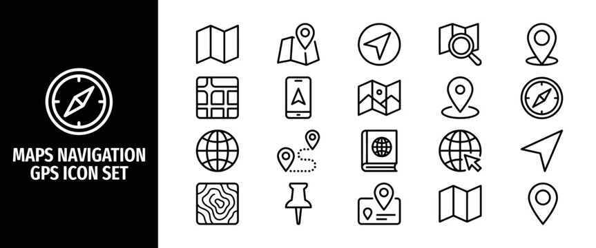 Maps navigation gps icon set linear icons for map, location pin, compass, route, globe, navigation arrow, pushpin, topographic map vector illustration