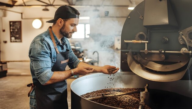 Professional male coffee roaster checking roasted coffee beans from an industrial roasting machine drum, artisan coffee production and small batch quality control concept in a local roastery