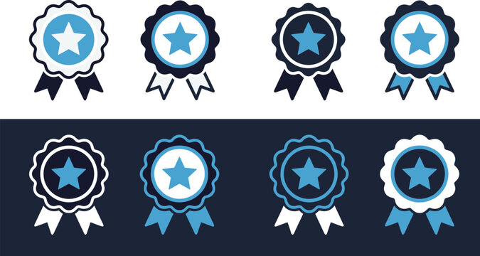 Award badge and achievement ribbon icons set with certification, quality recognition and premium ranking symbols concepts
