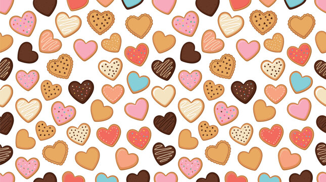Sweet Valentine heart shaped cookie seamless pattern background featuring decorated chocolate, strawberry, and vanilla biscuits with sprinkles isolated on white background.
