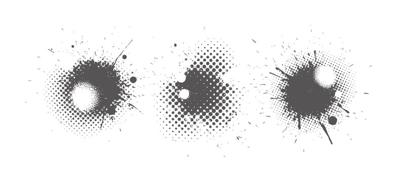 Three dark grey ink splatters with halftone dot patterns white abstract