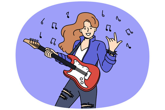Woman rock star plays electric guitar and demonstrates cool gesture, standing among notes. Girl participating in rock concert performs on stage for audience, performing song from new album