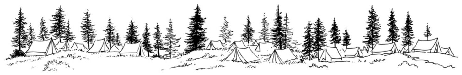 Camping tents in pine forest landscape sketch style © Celestynka