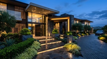 Naklejka premium Modern luxury villa at dusk with illuminated garden and waterfront view in warm lighting