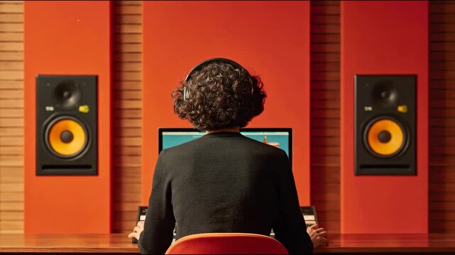 Female audio engineer with curly hair wearing headphones adjusts sound levels on computer in a modern studio with orange walls and professional speakers