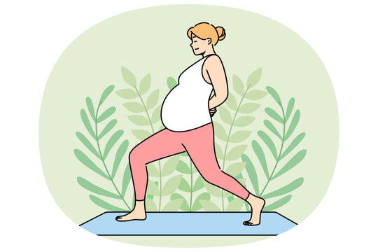 Pregnant woman does yoga on fitness mat, taking care of health of herself and unborn child. Pregnant girl is preparing to become mother by practicing yoga and pilates to support immune system.
