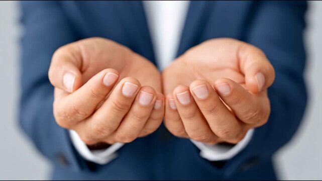Hands of a male in a blue suit with open palms facing upward, showing a gesture of offering or receiving in a neutral background setting