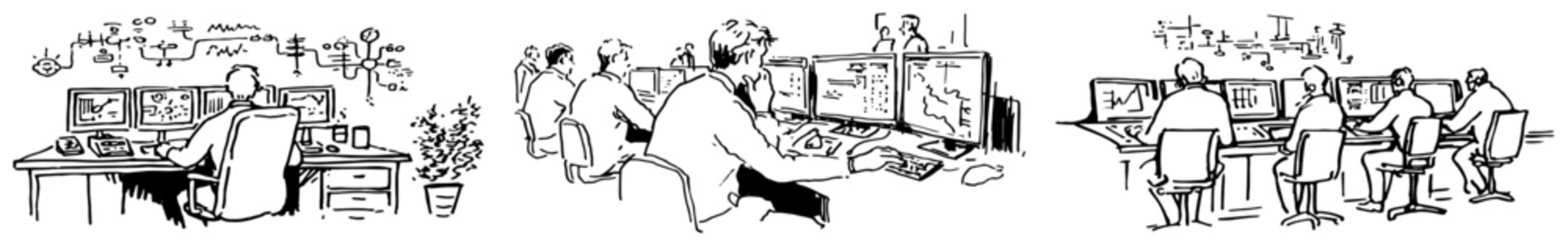 Office workers sitting at computer desks in control room sketch style