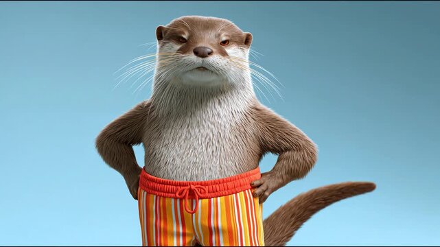 Cartoon otter character with striped orange shorts stands confidently with hands on hips against a solid blue background, showcasing a playful and whimsical demeanor