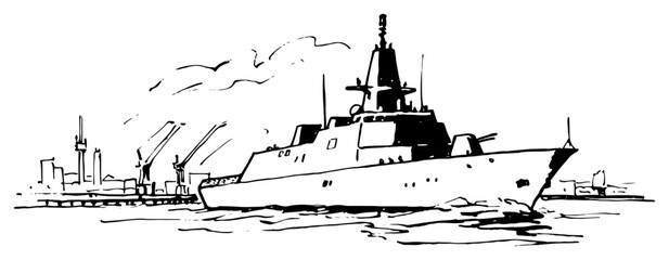 Naval warship patrolling near industrial harbor with port cranes in black and white line art style © Celestynka