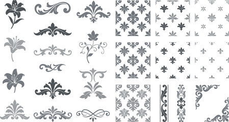 Vintage damask ornament vector collection featuring seamless floral patterns fleur de lis dividers corner borders and baroque scroll elements isolated on white background. © MdShakib