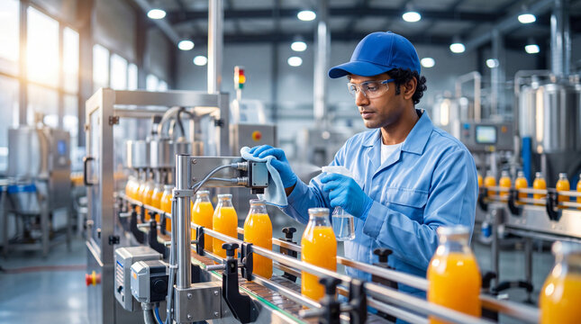 Man technician cleaning bottle labeling machine in juice factory. Employee working on automatic industrial production line for beverage bottling. Quality maintenance in food manufacturing