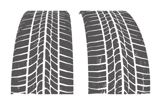 Two dark grey tire tracks with white grooves a white tread rubber vehicle
