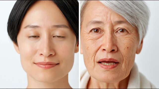 Asian woman and elderly woman side by side showing gradual aging process with visible facial features and expressions in a neutral background setting
