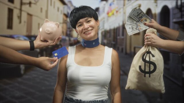 Woman smiling holds piggybank and creditcard as hands offer cash and moneybag on street; financial success joy.