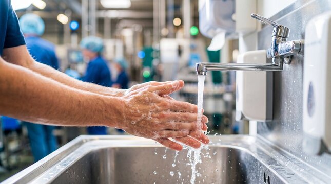 Factory worker washing hand with soap in industrial sink. Sanitation procedure in production facility. Maintaining hygiene standards for food safety and health compliance in manufacturing