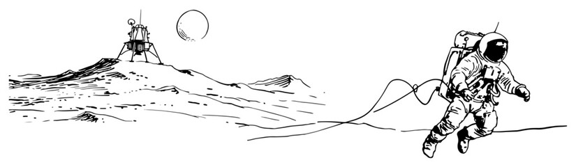 Astronaut walking on the moon surface near a lunar lander in a hand drawn sketch style © Celestynka