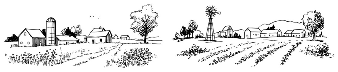 Rural farm landscape with silo barns and windmill in black and white line art style © Celestynka