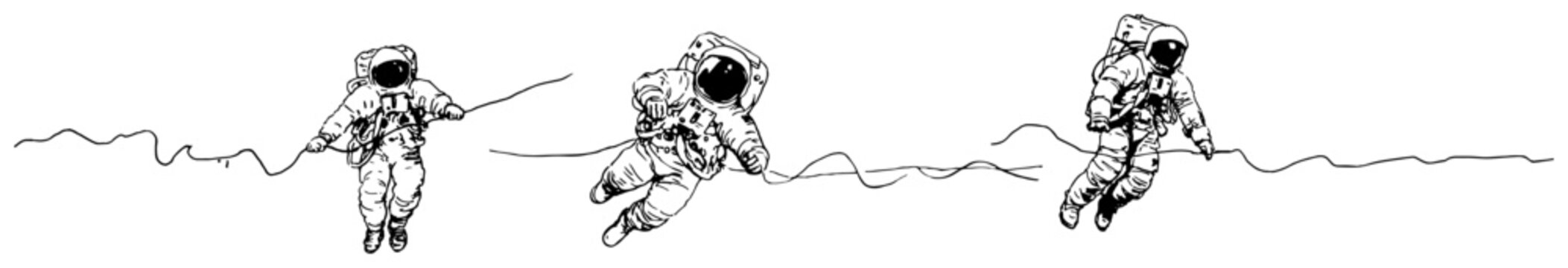 Astronauts floating in outer space during a spacewalk in a hand drawn sketch style