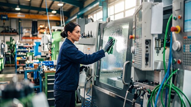 Woman machine operator cleaning glass shield of cnc milling machine at factory. Industrial maintenance of precision metal manufacturing equipment. Professional worker in manufacturing unit