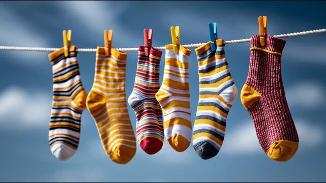 Colorful striped socks hanging on a clothesline against a blue sky, showcasing a vibrant array of patterns and textures in a sunny outdoor setting
