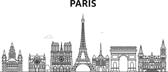 Fototapeta premium Paris City Skyline With Eiffel Tower Notre Dame Arc De Triomphe And Famous Landmarks Outline Black And White Vector Illustration