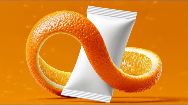 Orange fruit slice and white packaging mock up intertwined in a creative design against a vibrant orange background showcasing a continuous visual flow