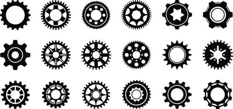 Set Of Eighteen Black Gear And Cog Wheel Silhouette Icons In Various Designs Representing Engineering Mechanism And Industry Vector Illustration