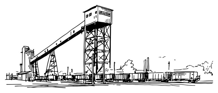 Industrial mining site with freight train and conveyor tower in hand drawn sketch style