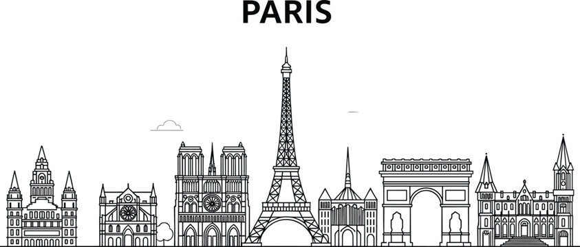 Paris City Skyline With Eiffel Tower Notre Dame Arc De Triomphe And Famous Landmarks Outline Black And White Vector Illustration