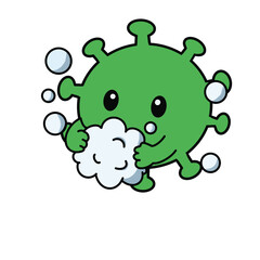 Fototapeta premium Friendly Hantavirus Washing Hands with Soap Bubbles Hygienic Vector Cartoon