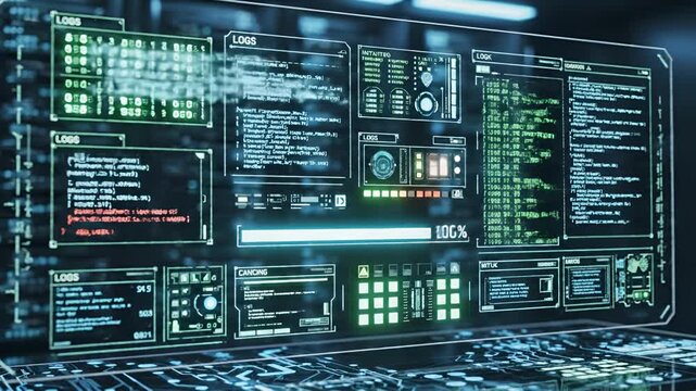 Futuristic Digital Interface Displaying Complex Data and Code.