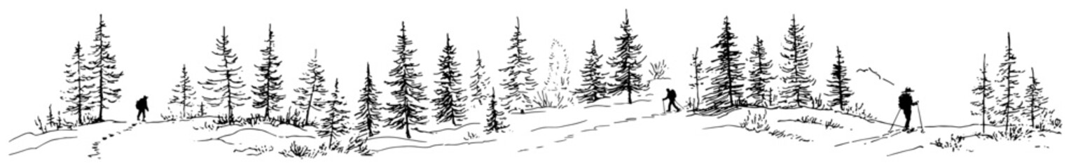 People trekking through snowy pine forest winter landscape panorama in black and white line art style © Celestynka