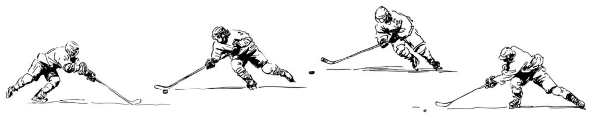 Fototapeta premium Ice hockey players skating and playing during a match in hand drawn sketch style
