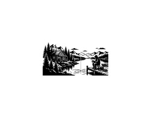 Fototapeta premium Vintage fishing silhouette vector, fisherman sitting on wooden pier at sunset, scenic mountain lake landscape with pine trees and rising sun