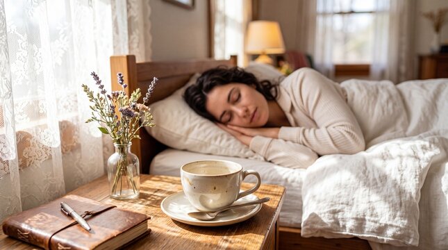 Young woman sleeping in cozy bed with morning sunlight streaming through window. Cup of hot coffee on wooden nightstand near notebook and flowers. Relaxing weekend at home morning concept