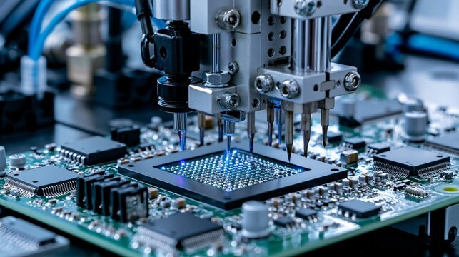 Automated throughhole soldering machine precisely inserts and solders electronic components on control module circuit boards in hightech manufacturing environment.