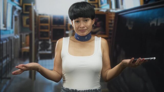 Woman with short black hair wearing white tanktop and blue neck scarf, holding smartphone in right hand and palms up shrugging gesture in studio; confusion uncertainty.