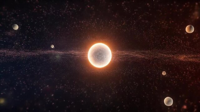 A 3D animation of dust particles in a protoplanetary disk slowly clumping together under gravitational attraction, forming early proto planets