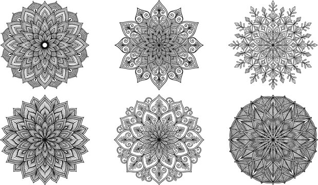 Intricate mandala vector collection featuring detailed black and white circular ornaments for adult coloring book and henna design templates