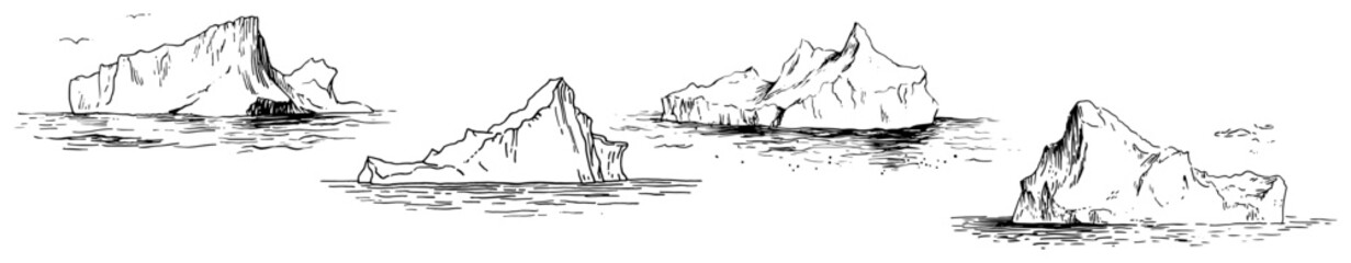 Icebergs floating in the cold ocean water in a hand drawn sketch style © Celestynka
