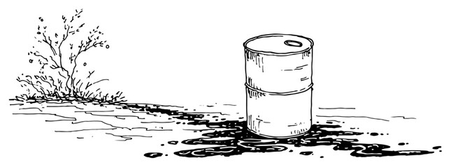 Metal drum leaking toxic oil near vegetation in minimalist line art style © Celestynka