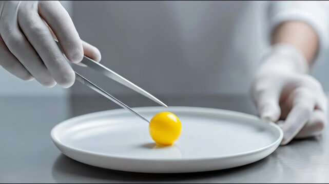Chef in white gloves uses tweezers to delicately place a bright yellow egg yolk onto a pristine white plate in a modern kitchen setting