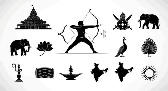 India Heritage Icon Collection with Temples Wildlife Archer Festival Symbols and Cultural Elements