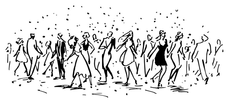 People dancing and celebrating at a party or wedding in hand drawn sketch style