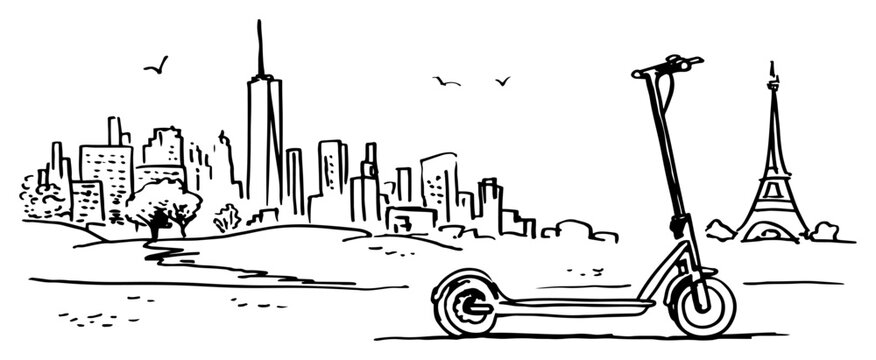 Electric scooter in front of a city skyline with international landmarks in hand drawn sketch style
