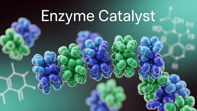 Enzyme catalyst molecule structure with green and blue atoms and chemical formulas in the background