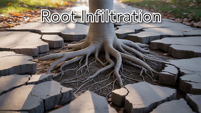 Tree root growing through cracked pavement sidewalk pathway with grass and fallen leaves in background  root infiltration