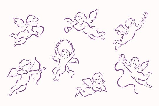 Cupid Angels Minimal Line Art Set Vector